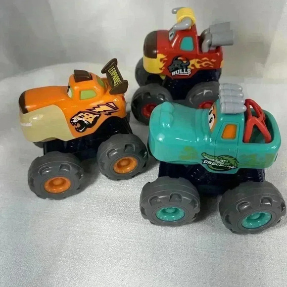 3 Monster Truck Toy Set: Friction Powered Pull, Back Push &Go Bull Gator Leopard - Picture 4 of 5